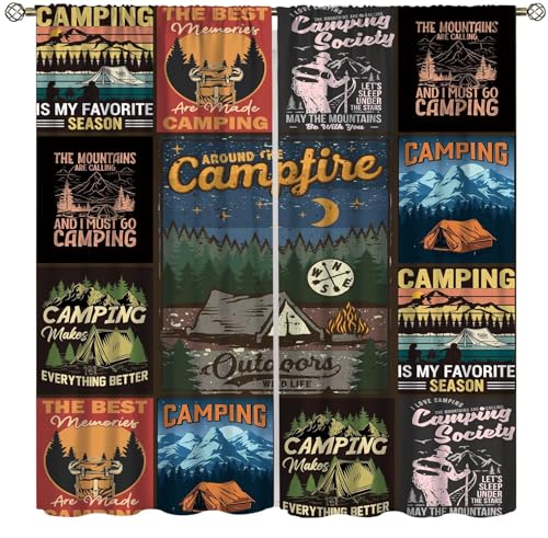 Patchwork Camper Poster Curtain，Campers Retro Cute for Travel Trailer Camping Motor RV Stall Printed Rod Pocket Window Treatments for Bedroom Living Room Decor 42" W X 45" L - color: Camping-6, size: 20.5"W x 45"L (Pack of 2)