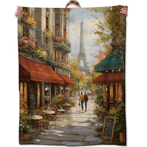 Romantic Paris Blanket, City Street Cafe and Floral Blankts, Gifts for Women Adults, Home Dorm Cabin Pet Area Picnic and Travel Decor, Soft Cozy Lightweight Flannel Throw,50"x60" - color: Paris, size: 50x60 inch