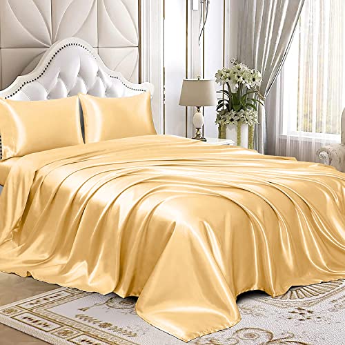 Homiest 3pcs Satin Sheets Set Luxury Silky Satin Bedding Set with Deep Pocket, 1 Fitted Sheet + 1 Flat Sheet + 1 Pillowcase (Twin Size, Gold) - color: Gold, size: Deep pocket - Twin size