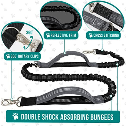 PetAmi Hands Free Dog Leash, Dog Running Leash Belt Bag for Walking, Jogging, Dog Waist Double Zipper Pouch with Poop Bag Dispenser, Dual Padded Handles Reflective Bungee Leash, Single (Charcoal Grey) - color: Charcoal Grey, size: 1 Leash