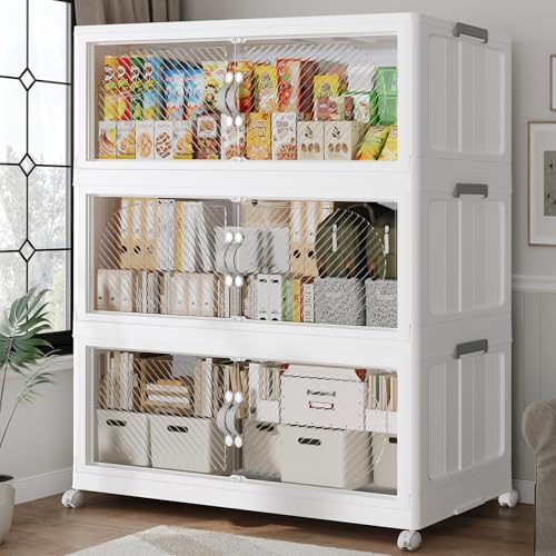 120GAL/480QT Plastic Storage Bins with Lids & Wheels, Collapsible Stackable Storage Boxes, Large Folding Cabinet Organizers for Closet Home Kitchen Office, 3Pack White - color: White, size: 40Gal-3Pack