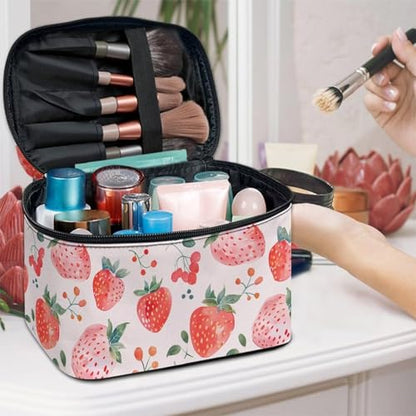 Comestic Bag for Women Strawberry Printed Makeup Brush Bag Exquisite Portable Travel Case for Toiletries Skin-Care Products with Versatile Uses - color: Strawberry