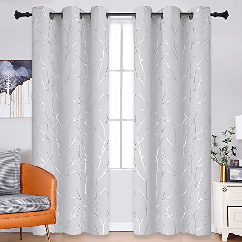 BUHUA White Blackout Curtains, Silver Curtains, Grommet Top Bedroom Curtains 2 Panel Sets, Elegant Silver Tree Branches Print Window Treament for Livingroom 38W x 84L, Greyish White - color: Greyish White, size: 38"W x 84"L (Pack of 2)