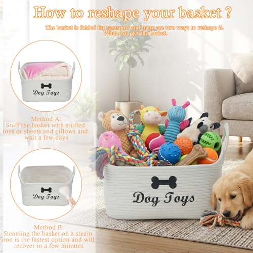 Large Dog Toy Basket-Woven Dog Toy Box for Living Room Area-Trapezoid Pet Toys Bin with Handle-Dog Organizer for Toys,Collar,Leash,Blanket -13.4''x11.8''x10.6''-Beige