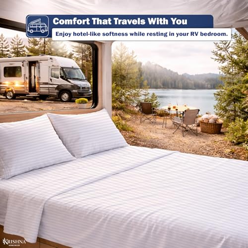 KRISHNA Full Size 4 Piece Egyptian Cotton Sheet Set, Luxury Hotel Quality White Stripe Bed Sheets, Soft Breathable Cooling Bedding, 6-10 Inch Deep Pocket Fitted Sheet - color: White Stripe, size: Full : 54" x 75"