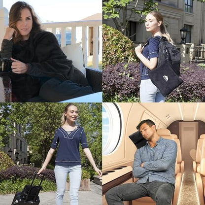BlueHills Premium Soft Tall Travel Blanket Pillow Airplane Flight Blanket Long Throw in Bag Pillowcase with Backpack Clip Compact Large Long Traveling Essentials Portable Black T054 - color: Black-long-t054