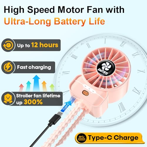 AMTIFO Pink Stroller Fan - USB Rechargeable, Quiet Cooling, 4 Adjustable Speeds, Portable Baby Fan for Strollers, Car Seats, Nurseries, Outdoor Use, Long-Lasting Battery - color: Pink