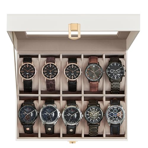 SONGMICS Watch Box, 10-Slot Watch Case Organizer with Large Glass Lid, Removable Pillows, Fathers Day Gift for Dad, Cloud White Synthetic Leather, Cappuccino Beige Lining UJWB010W01 - color: Cloud White + Cappuccino Beige, size: 10 Slot