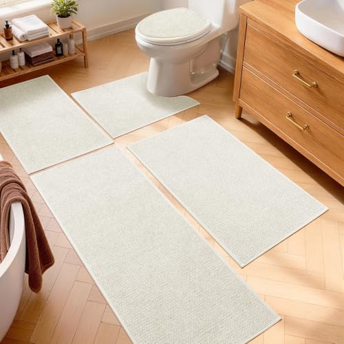 YIHOUSE Beige Bathroom Rugs Sets 5 Piece, Quick Dry Thin Bath Mat with Toilet Rug, Non Slip Absorbent Machine Washable, Bath Runner Rugs for Bathtub Sink Home Decor - color: Beige, size: 5 pieces