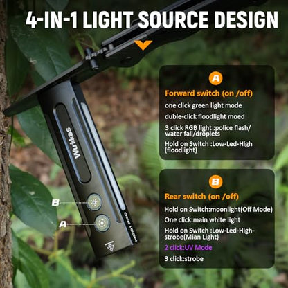 Wurkkos HD01 PRO 6-in-1 Flashlight with White Light UV Light&Green Light and Side Light,Working Handle Flashlight with Magnetic 1200LM for Outdoor Camping - color: HD01 PRO black-6K-2