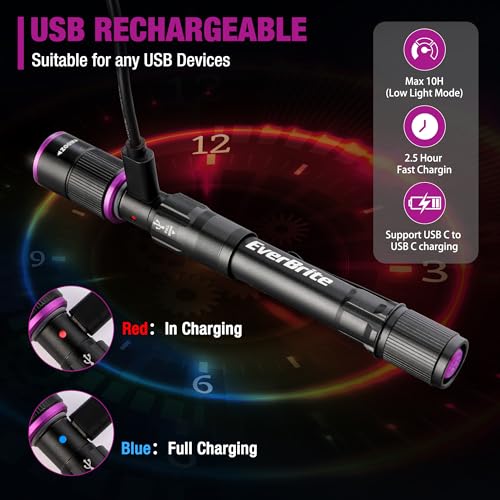 EverBrite Rechargeable Pen Flashlight with UV Light and White Light, 395nm Black Flashlight with Clip, Zoomable 4 Modes with Memory Function, USB C Cable, for Camping, Emergency, Pet Urine Detection - color: Black