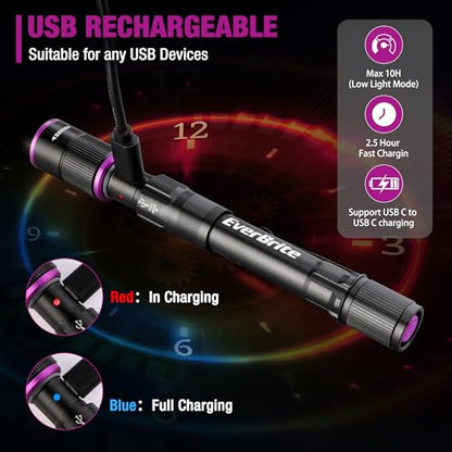 EverBrite Rechargeable Pen Flashlight with UV Light and White Light, 395nm Black Flashlight with Clip, Zoomable 4 Modes with Memory Function, USB C Cable, for Camping, Emergency, Pet Urine Detection - color: Black