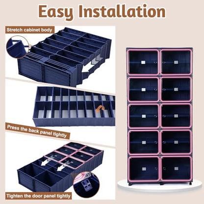 Collapsible Shoe Rack Organizer, 9 Tiers-36 Pairs Foldable Shoe Cabinet with Magnetic Clear Door, Large Plastic Folding Shoe Cabinet Blue & Pink, Easy Assembly Shoe Shelves Organizer for Entryway - size: 9 Tiers-36 Pairs Blue & Pink