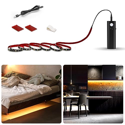 WOBANE Motion Activated LED Strip Light, Rechargeable Magnetic Battery Box with 6.56ft LED Strip,60 LEDs Homelife Sensor Bar for Wardrobe,Stair,Pantry,Counter,Cabinet,Bed,Door,2700K Warmwhite,Black - color: Warm White, size: 6.56ft Black