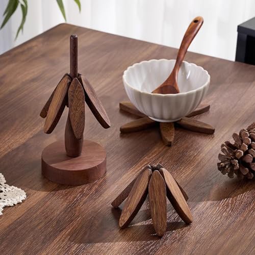 Trivets for Hot Dishes, 4Artful Foldable Wooden Hot Pads for Kitchen, Stored as a Decorative Christmas Tree for Dishes, Pans, Teapots | Creative Kitchen Gift in Walnut Wood