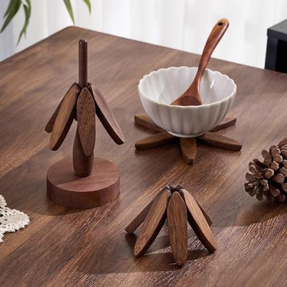Trivets for Hot Dishes, 4Artful Foldable Wooden Hot Pads for Kitchen, Stored as a Decorative Christmas Tree for Dishes, Pans, Teapots | Creative Kitchen Gift in Walnut Wood