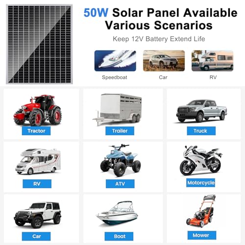 TBER 50W/12V Solar Panel Kit with 10A Charge Controller, Monocrystalline Solar Battery Trickle Charger Maintainer for Automotive Motorcycle Boat Marine RV Camping RV Farm Other Off-Grid Applications - size: 50W