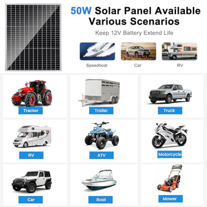 TBER 50W/12V Solar Panel Kit with 10A Charge Controller, Monocrystalline Solar Battery Trickle Charger Maintainer for Automotive Motorcycle Boat Marine RV Camping RV Farm Other Off-Grid Applications - size: 50W