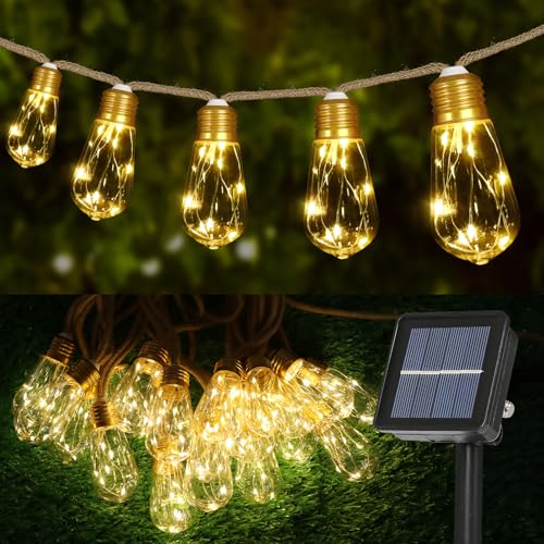 Solar Outdoor String Lights 24FT Vintage Rope Hemp Solar Lights with 20 Shatterproof Bulbs,8 Modes Solar Powered String Lights with Memory Function,Waterproof for Fence,Yard,Camping(Warm White) - color: Warm White, size: 24ft