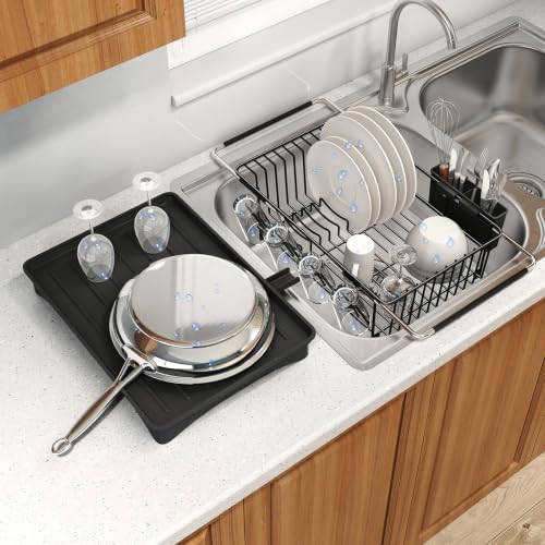 MAJALiS Dish Drying Rack Over The Sink with Utensil Holder, Drainboard | Expandable Stainless Steel Dish Drainer for Small Kitchen, Apartment, RV, Counter Space Saving, Perfect Fit, Rustproof - color: Black, size: For 11.5"-16" W Sink with Cup Holder & Dr