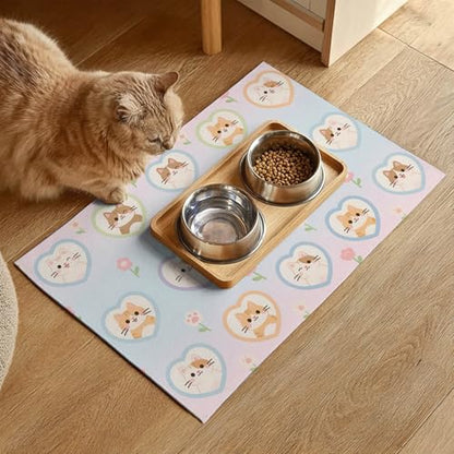 HOMETITUTE Cat Food Mat Pastel Heart Kitten Print, Non-Slip Elegant Pet Bowl Placemat for Indoor Cats, 20" x 12" - color: colorful1