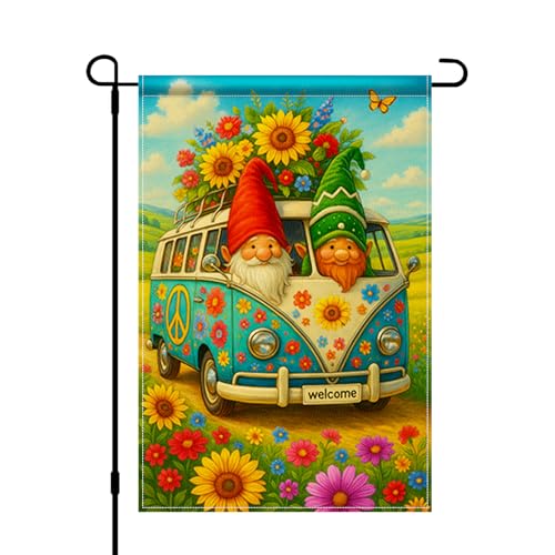BlissYard Spring Welcome Gnome Van Garden Flag 12x18 Inch Double Sided Hippie Flower VW Bus Burlap Garden Flag Rustic Farmhouse Yard Outdoor Small Banner for Porch Patio Lawn Spring Summer Decoration - color: Spring Welcome Gnome Van Garden Flag