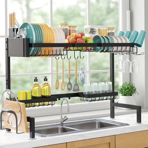 Sakugi Over The Sink Dish Drying Rack - Adjustable 2 Tier X-Large Capacity Stainless Steel Drainer with Cutlery & Utensil Holders, Kitchen Storage & Organization, 32"-39.5" L x 12" W x 25" H, Black - color: Black, size: Max - 5 Baskets