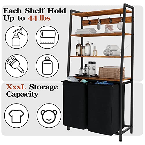 Furnulem 4 Tiers Laundry Hamper with Shelf and Hooks, Tall Laundry Basket Sorter with 2 Removable Bags, Double Clothes Hampers Organizers for Bathroom Bedroom