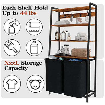 Furnulem 4 Tiers Laundry Hamper with Shelf and Hooks, Tall Laundry Basket Sorter with 2 Removable Bags, Double Clothes Hampers Organizers for Bathroom Bedroom