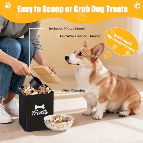 Dog Treat Containers Set of 2, Dog Food Storage Containers with Airtight Lids, Metal dog treat jars for Kitchen Countertop, Pet Food Canister Keep Snack Fresh, 5.9"×5.9"×7.1", Black - size: 5.9*7.1&4.9*6.1