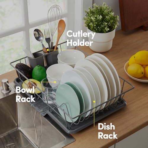 Sweet Home Collection Space-Saving 3-Piece Dish Drainer Rack Set: Efficient Kitchen Organizer for Quick Drying and Storage - Includes Cutlery Holder and Drainboard - Maximize Countertop Space, Gray - color: Gray