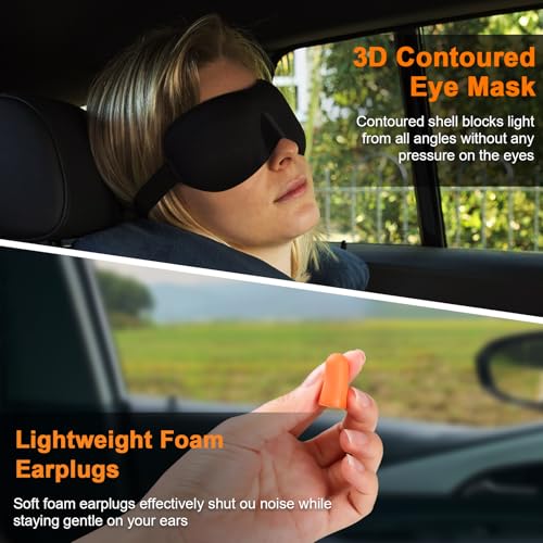 Travel Pillow - Hooded Neck Pillow Airplane Memory Foam Filling for Plane, Cars Sleeping, Road Trip, Long Flights, Airplane Travel Essentials, Includes Eye Mask & Earplugs (Light Gray) - color: Light Gray