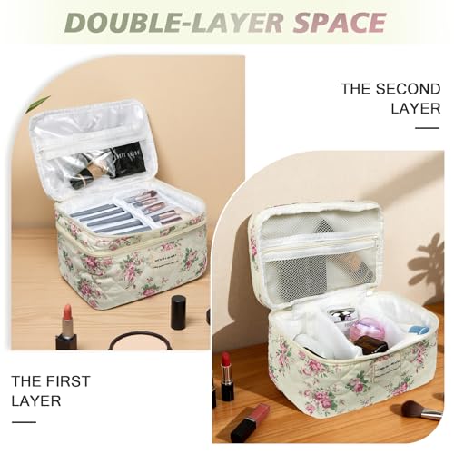 Gosect Large Quilted Makeup Bag, Large Floral Cosmetic Bag for Women, Cute Cotton Makeup Bags, Flower Travel Toiletry Organizer Bag (Pink Flowers) - color: 076Pink Flowers