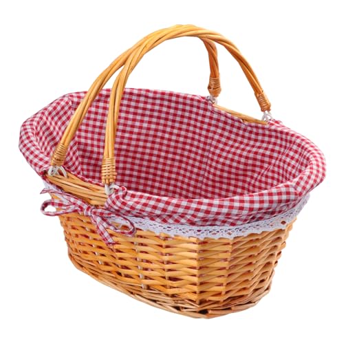 GNIEMCKIN 14 Inch Wicker Basket with Handle, Wicker Picnic Baskets with Red Liner, Oval Willow Woven Basket for Fruit, Wine, Wedding, Picnic - size: 14 Inch