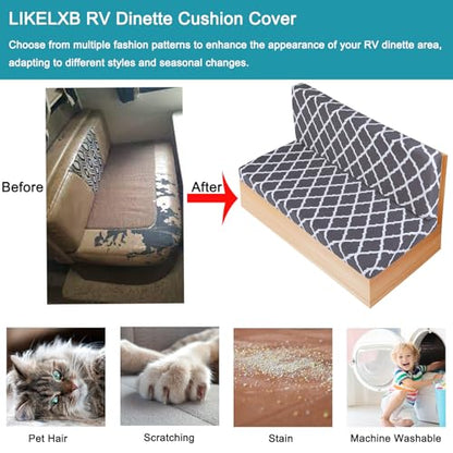 RV Dinette Cushion Covers Set of 1, Printed Camper Cushion Slipcovers, Washable Anti Slip Stretch Fabric (Gray and White) - color: Grey, size: 1 Bench Cover & 1 Backrest Cover