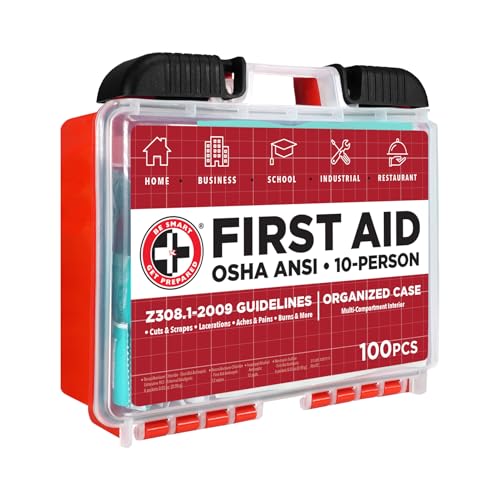Be Smart Get Prepared OSHA/ANSI First Aid Kit - 10 Person, 100 Pieces - Designed for Home, Business, School, Industrial, and Restaurants - Compact & Portable