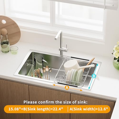 JAQ Over Sink Dish Drying Rack for Medium to Large Sink, Expandable 15.08"–22.4", Adjustable 304 Stainless Steel Dish Drainer with Utensil Holder, Large Capacity Holds Up to 13 Plates - size: 304 Stainless Steel - 13 dishes