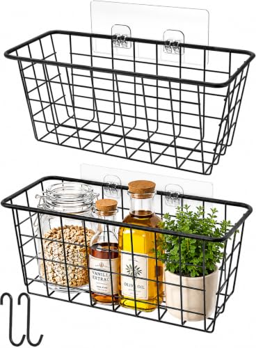 MaraFansie Hanging Kitchen Baskets Wire Storage Basket Over the Cabinet Door Organizer, No Drilling Adhesive Basket for Cabinet Pantry Organization and Kitchen, Bathroom, Storage, 2 Pack, Black - color: A-BLACK, size: 2 PACK