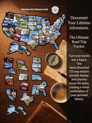 RV State Sticker Travel Map of The United States, Travel Trailer Camper Accessories, 11x17" RV Map Decals for Window Door Wall, 50 State Bumper Stickers with Scenic Illustrations, Great for Kids & Adults - Track Your Travel