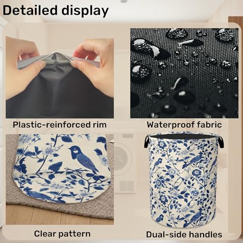 Navy Blue Beige Birds Laundry Basket - Heavy Duty 60L Dirty Clothes Organizer, Water Resistant Foldable Hamper for Men Women - color: Navy Blue Beige Birds
