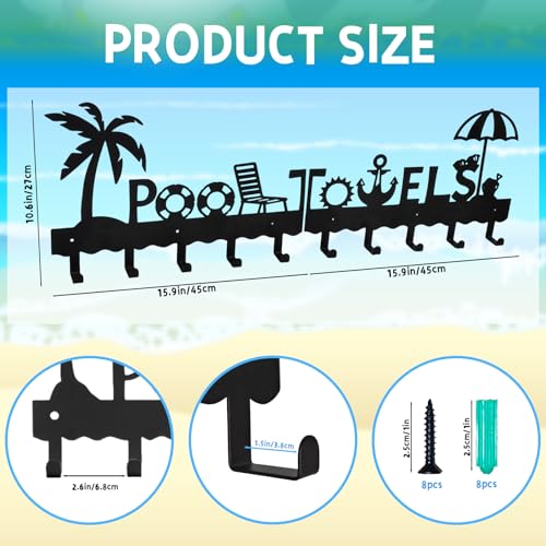 Large Pool Towel Rack (32 Inch), Outdoor Towel Rack for Pool, Wall Mounted Towel Holder Towel Hanger with 10 Hooks, Carbon Steel Towel Organizer Pool Signs and Decor for Bathrobes, Towels, Clothes