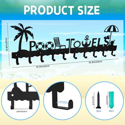 Large Pool Towel Rack (32 Inch), Outdoor Towel Rack for Pool, Wall Mounted Towel Holder Towel Hanger with 10 Hooks, Carbon Steel Towel Organizer Pool Signs and Decor for Bathrobes, Towels, Clothes