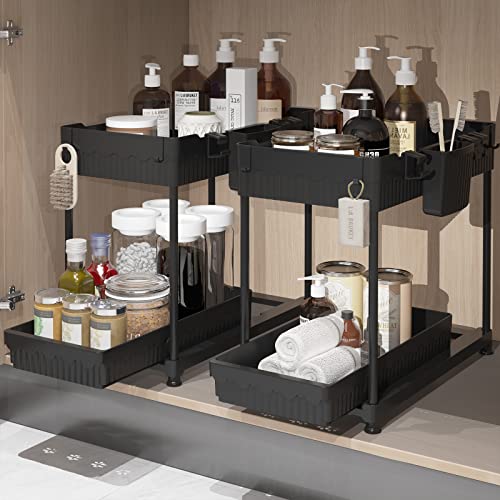 Sevenblue 2 Packs Under Sink Organizer, Height Adjustable 2 Tier Under Kitchen Sink Organizer, Multi-Purpose Storage Shelf for Kitchen Bathroom Cabinet, Deep-Black,12.85 Inches - color: Deep-Black, size: 12.85 Inch