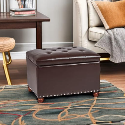 Leather Ottoman with Storage,24’’Foot Rest Ottomans with Hinged Lid Rectangle Upholstered Foot Stools Nailhead Trim for Living Room Bedroom,Dark Brown - color: Dark Brown With Button