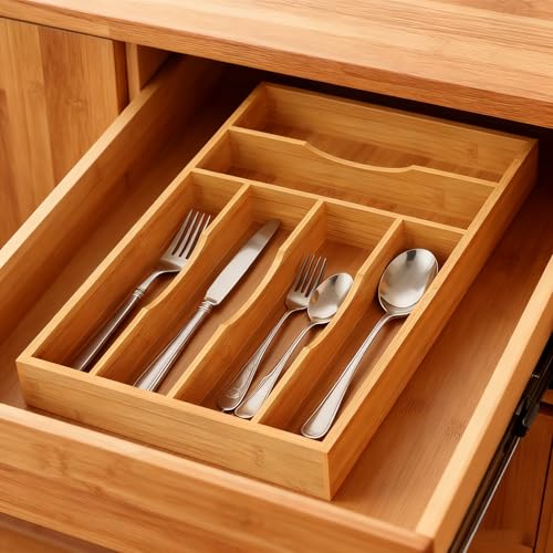 Bamboo Silverware Organizer, Bamboo Kitchen Drawer Cutlery Organizer, Utensil Holder, Flatware Organizer Tray (15.8"x9.5"x1.6") - size: Medium