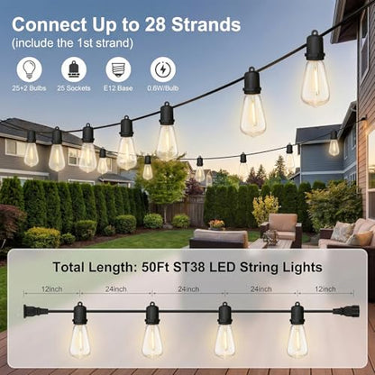 50FT LED Outdoor String Lights - 27 Shatterproof ST38 Edison Bulbs - Waterproof Patio Decor for Outside - Dimmable Bistro Cafe Hanging Lights - size: 50FT