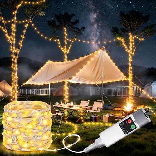 Joomer Camping String Lights, Camping Essentials Gear 66FT 200LED Rechargeable Lights Waterproof, Outdoor String Light with 13 Modes for Awn Tent Yard Garden Hiking Travel Decoration (Warm White) - color: Warm White, size: 66FT