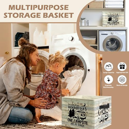 Rustic Camping Camper Storage Bin Box with Handles, Making Memories One Campsite at a Time Foldable Linen Fabric Laundry Basket for Home Bedroom Bathroom Clothes Toys Books - color: black