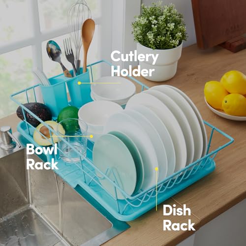 Space-Saving 3-Piece Dish Drainer Rack Set: Efficient Kitchen Organizer for Quick Drying and Storage - Includes Cutlery Holder and Drainboard - Maximize Countertop Space, Turquoise Blue - color: Turquoise Blue