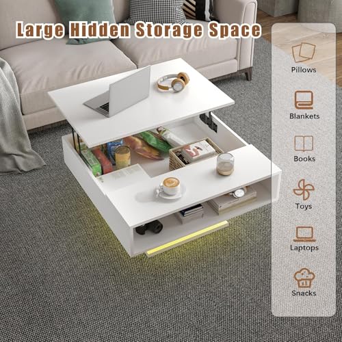 HedoAjim Lift Top Coffee Table with Storage, 31.5" Square Coffee Table with Large Hidden Storage, Wood Living Room Table Center Table for Living Room Dining Reception Room, White - color: White
